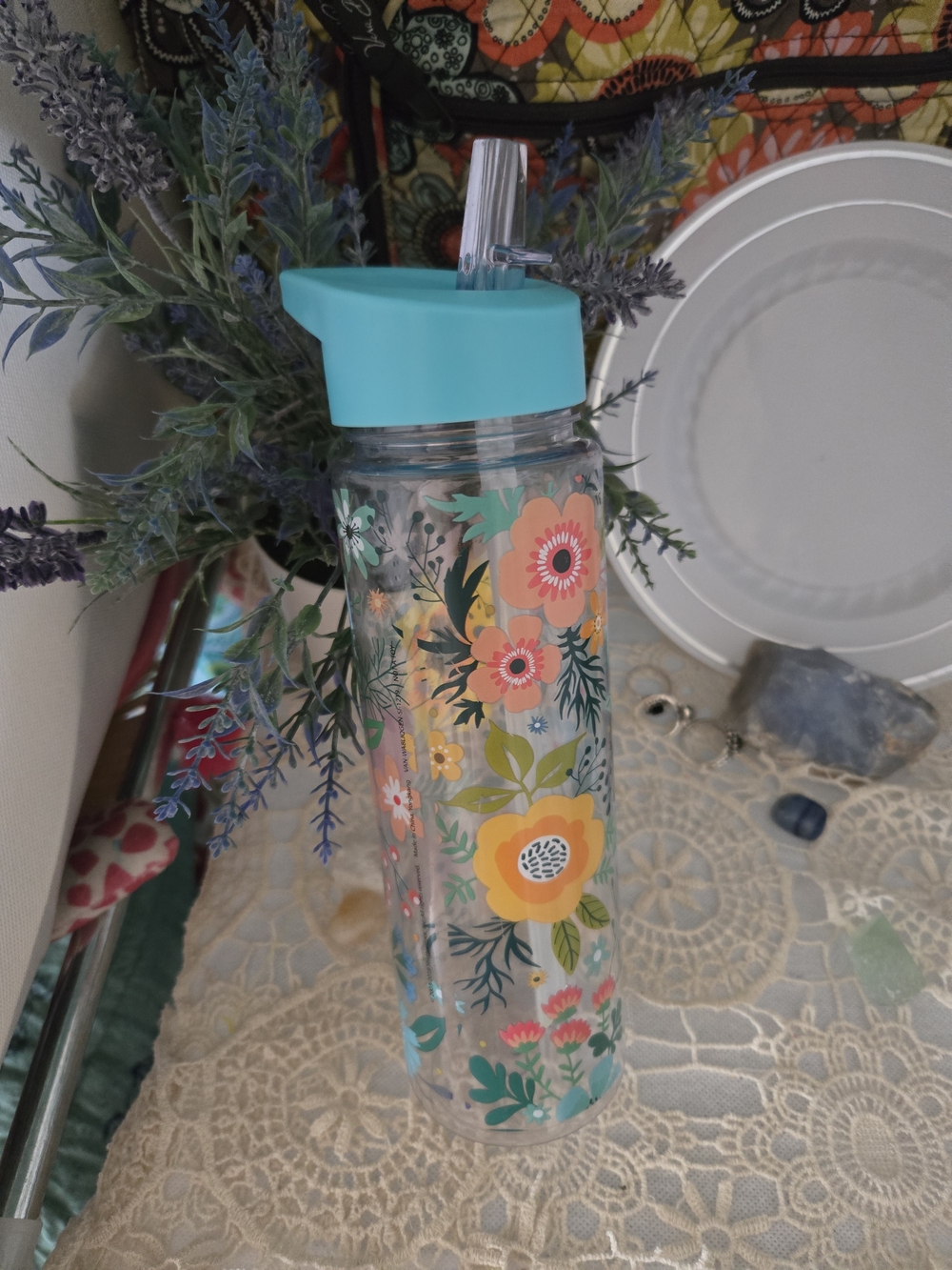 4/$15 Studio Z Floral Pattern Clear Water Bottle with Teal Straw Lid
